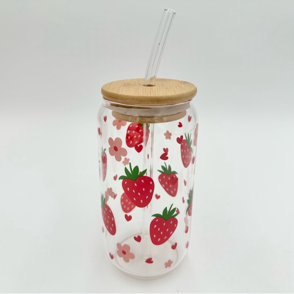 Strawberry Glass Travel Tumbler with Bamboo Lid Glass Straw